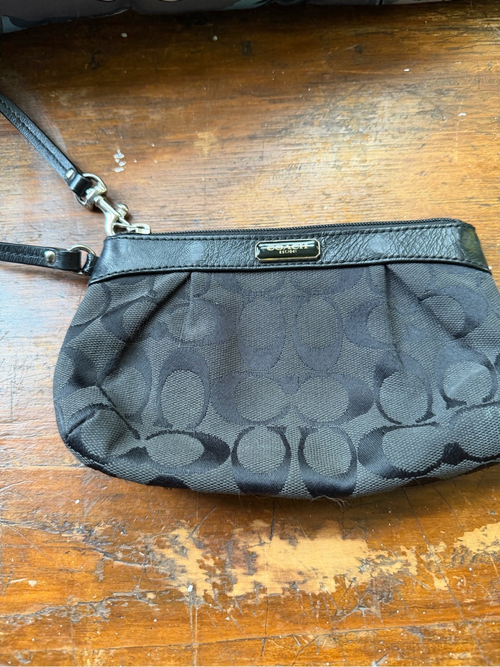 Coach Black Signature Canvas Wristlet with Leather Trim